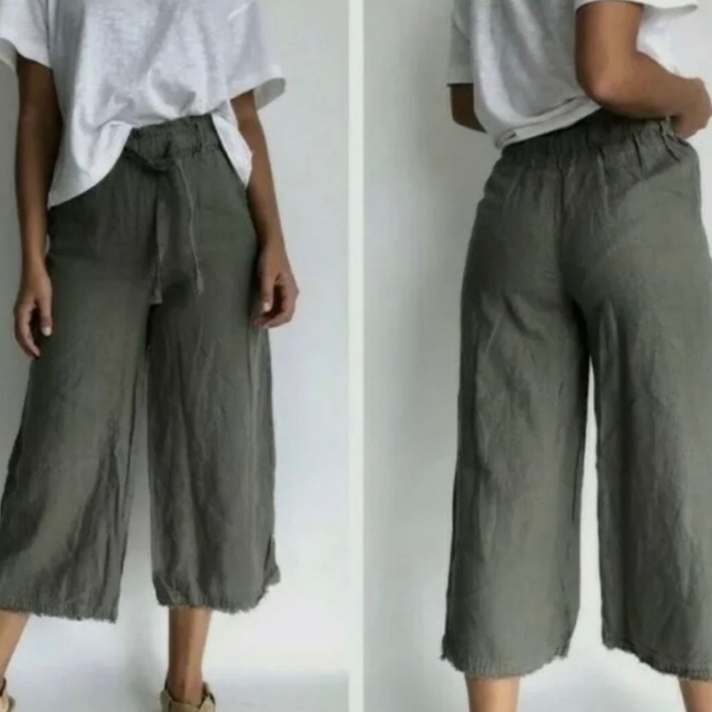 Cloth & Stone by Anthropologie Wide Leg 100% Linen Capri Green Womens Size Small